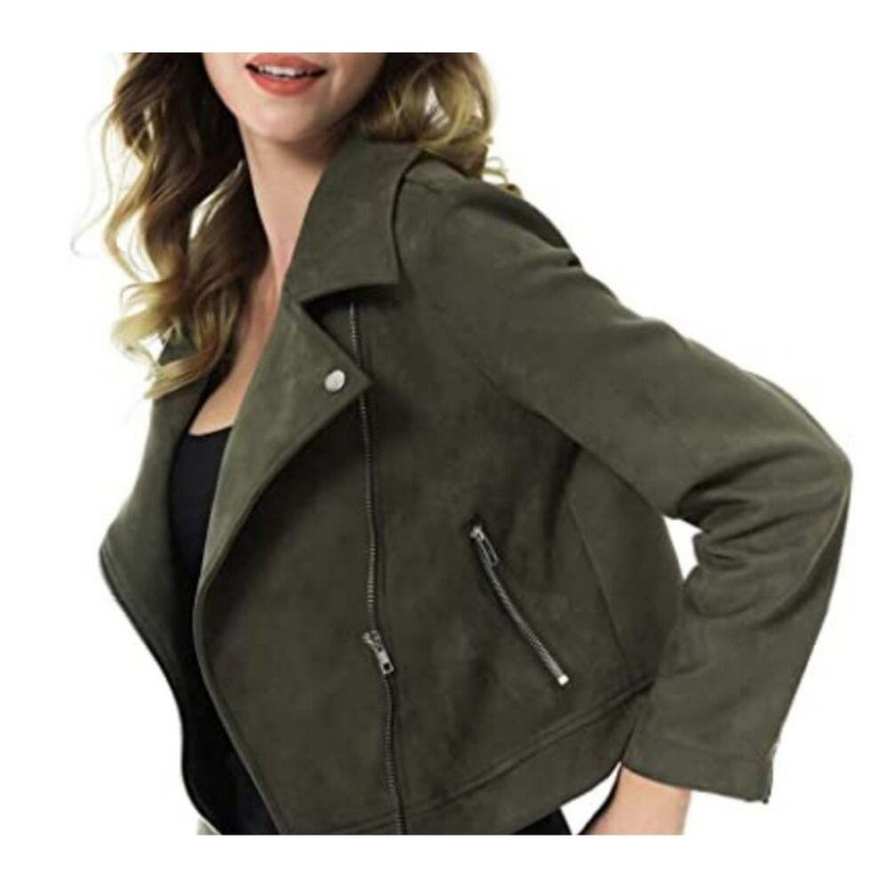 Apperloth A Faux Leather Moto Jacket, Size Small Green Cropped - Picture 2 of 9